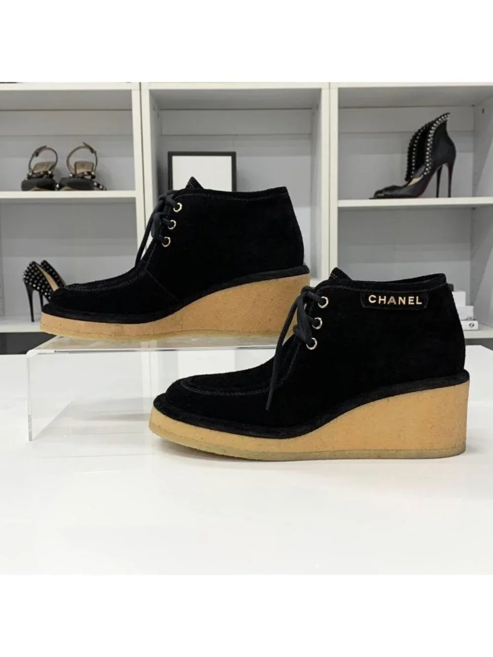 Chanel Suede Logo Wedge Sole Lace-up Shoes Black